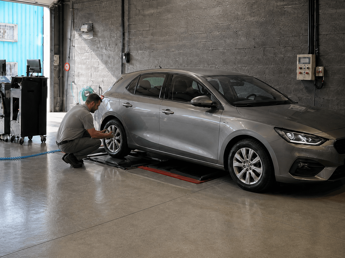 Technicien réalisant l'inspection des roues lors d'un contrôle technique à Vichy