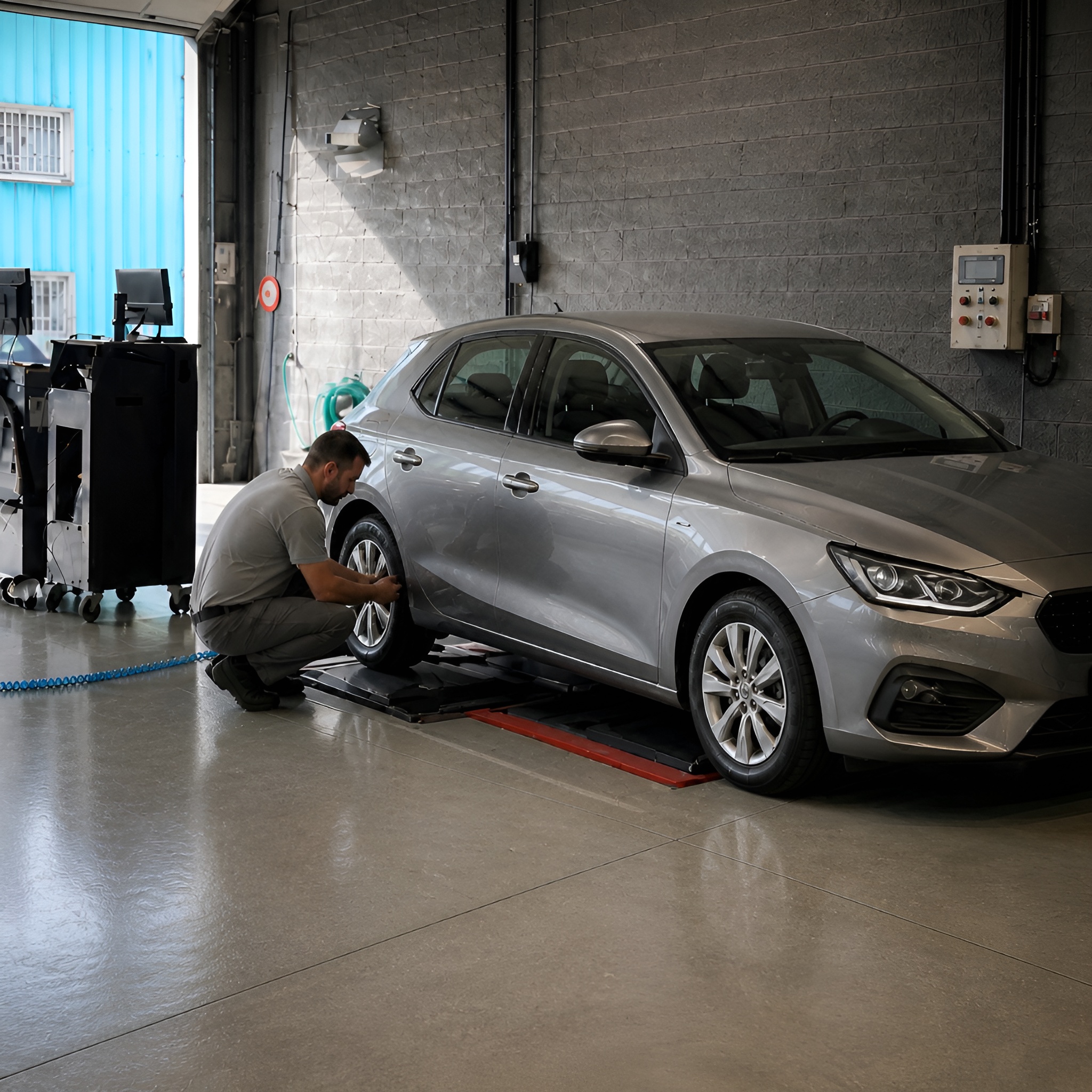 Technicien réalisant l'inspection des roues lors d'un contrôle technique à Vichy